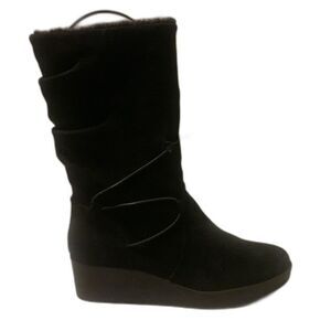 H by Halston Women's Leather Suede Black Boots with Faux Fur Size 10 Wedge